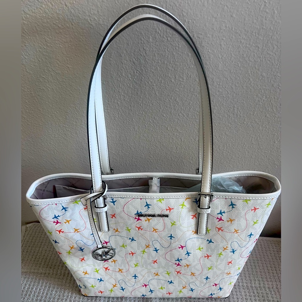 Brand New Michael Kors Jet Set White Multi Color Airplane Carryall Tote